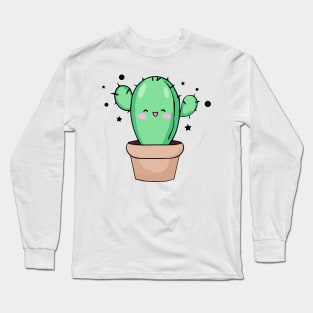 Happy smiling baby cactus in vase with stars. Kawaii cartoon Long Sleeve T-Shirt